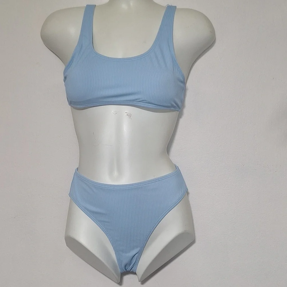 Mienqe Light Blue Ribbed Swim Bikini Set